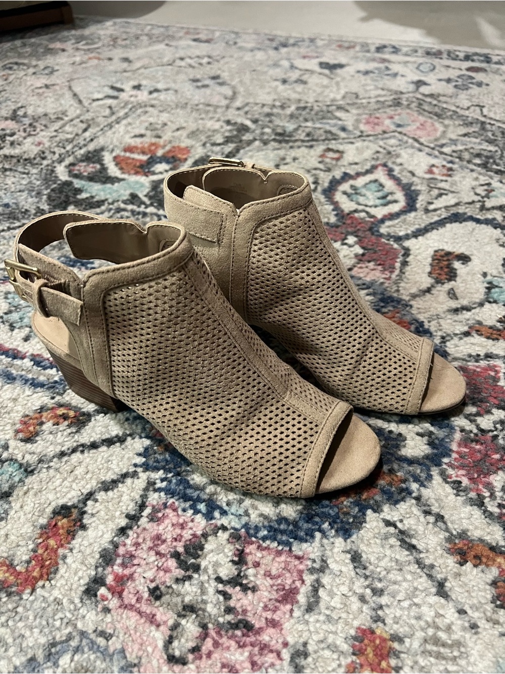 Unisa Taupe Perforated Peep-Toe Slingback Booties